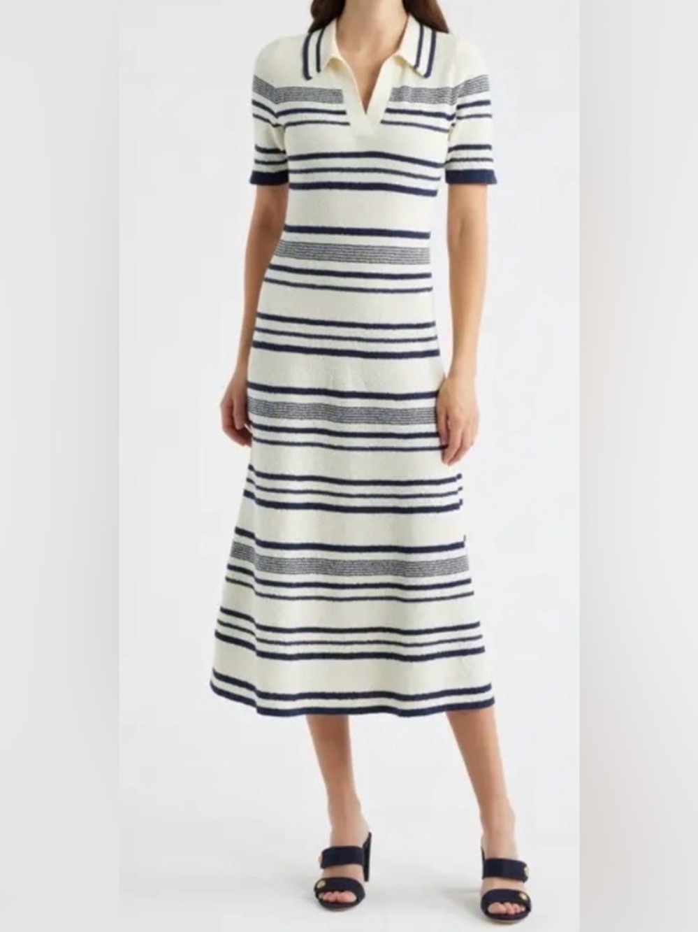 Zoe and Claire Striped Navy and White Midi Polo Dress | size: M